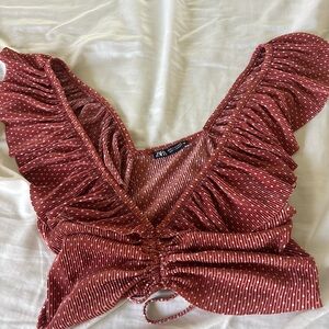 Zara Rust Red Dot Ruffled Tie-Front Crop Top